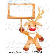 Vector of a Cartoon Rudolph the Red Nosed Reindeer Holding a Blank Sign Board with Snow on Top by Pushkin