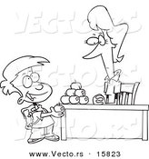 Vector of a Cartoon School Boy Adding to the Pyramid of Apples on His Teacher's Desk - Outlined Coloring Page Drawing by Toonaday