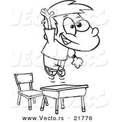 Vector of a Cartoon School Boy Jumping over His Desk - Outlined Coloring Page by Toonaday