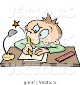 Vector of a Cartoon School Boy Poking His Nostril with a Pencil While Writing at a Desk by Gnurf