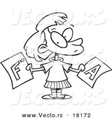 Vector of a Cartoon School Girl Holding Good and Bad Report Cards - Outlined Coloring Page by Toonaday