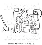 Vector of a Cartoon Senior Couple Digging up a Time Capsule - Coloring Page Outline by Toonaday