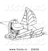 Vector of a Cartoon Shark Sailing a Catamaran - Coloring Page Outline by Toonaday