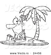 Vector of a Cartoon Shipwrecked Man on a Tropical Island - Outlined Coloring Page by Toonaday