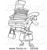 Vector of a Cartoon Shopping Woman Carrying Packages - Outlined Coloring Page by Toonaday