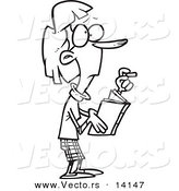 Vector of a Cartoon Skinny Female Teacher Holding a Book and Chalk - Coloring Page Outline by Toonaday