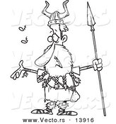 Vector of a Cartoon Skinny Male Viking Holding a Spear and Singing - Coloring Page Outline by Toonaday