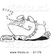 Vector of a Cartoon Sleeping Bulldog by His Food Dish - Coloring Page Outline by Toonaday
