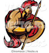 Vector of a Cartoon Spartan Warrior Holding Spear and Shield During Battle by Chromaco