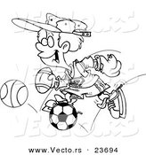 Vector of a Cartoon Sporty Boy with a Baseball Glove, Basketball, Football and Soccer Ball - Coloring Page Outline by Toonaday