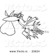 Vector of a Cartoon Stork Carrying a Bundle - Coloring Page Outline by Toonaday