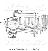 Vector of a Cartoon Summer Camp Boy Looking at Bunk Beds - Coloring Page Outline by Toonaday
