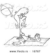 Vector of a Cartoon Summer Woman Getting Hit by a Beach Ball While Sun Bathing - Coloring Page Outline by Toonaday