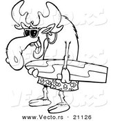 Vector of a Cartoon Surfer Moose Carrying a Board - Coloring Page Outline by Toonaday