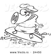 Vector of a Cartoon Surfer Pig Riding a Wave, - Outlined Coloring Page by Toonaday