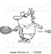 Vector of a Cartoon Surprised Man Watching a Fast Tennis Ball Fly Through His Belly - Outlined Coloring Page by Toonaday