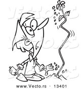 Vector of a Cartoon Surprised Woman Watching a Flower Shoot out of the Ground - Coloring Page Outline by Toonaday