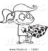 Vector of a Cartoon Sweet Girl Holding a Gift Box - Coloring Page Outline by Toonaday