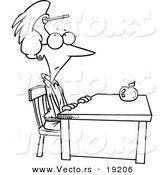 Vector of a Cartoon Teacher Sitting at Her Desk with a Dart on Her Forehead - Outlined Coloring Page by Toonaday