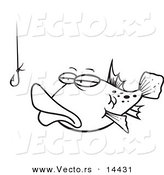 Vector of a Cartoon Tempted Fish Staring at a Hook - Coloring Page Outline by Toonaday