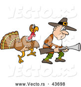 Vector of a Cartoon Thanksgiving Turkey Stalking a Pilgrim Hunter with a Gun by LaffToon