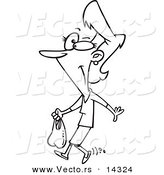 Vector of a Cartoon Thrifty Woman Carrying a Plastic Bag - Coloring Page Outline by Toonaday