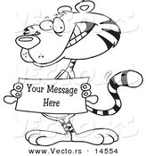Vector of a Cartoon Tiger Holding a Sign with Sample Text - Coloring Page Outline by Toonaday