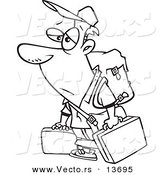 Vector of a Cartoon Tired Male Traveler Carrying Luggage - Coloring Page Outline by Toonaday