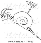Vector of a Cartoon Tired Snail Going Uphill near a One Way Sign - Coloring Page Outline by Toonaday