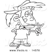 Vector of a Cartoon Tomboy Girl Aiming a Sling Shot - Coloring Page Outline by Toonaday