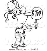 Vector of a Cartoon Traffic Girl Construction Worker Stopping - Outlined Coloring Page by Toonaday
