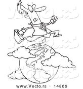 Vector of a Cartoon Traveling Salesman Leaping over the Globe - Coloring Page Outline by Toonaday