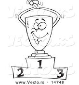 Vector of a Cartoon Trophy on the First Place Podium - Coloring Page Outline by Toonaday