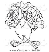 Vector of a Cartoon Turkey Bird Holding a Knife and Fork - Coloring Page Outline by Toonaday