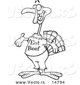 Vector of a Cartoon Turkey Bird Wearing an Eat Beef Shirt - Coloring Page Outline by Toonaday