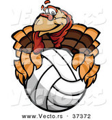 Vector of a Cartoon Turkey Mascot Holding a Volleyball by Chromaco