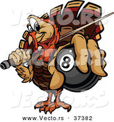 Vector of a Cartoon Turkey Mascot Holding out a Billiards Eight Ball by Chromaco