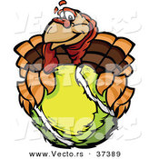 Vector of a Cartoon Turkey Mascot Holding out a Tennis Ball by Chromaco