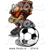 Vector of a Cartoon Turkey Mascot Resting a Foot on a Soccer Ball by Chromaco