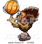 Vector of a Cartoon Turkey Mascot Spinning a Basketball by Chromaco