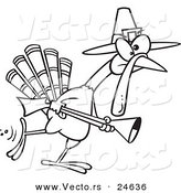 Vector of a Cartoon Turkey Pilgrim Hunting - Outlined Coloring Page by Toonaday