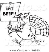 Vector of a Cartoon Turkey with an Eat Beef Sign - Coloring Page Outline by Toonaday