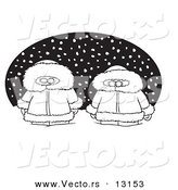 Vector of a Cartoon Two Alaskans in the Snow over a Black Oval - Coloring Page Outline by Toonaday