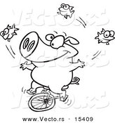Vector of a Cartoon Unicycling Pig Juggling Fish - Coloring Page Outline by Toonaday
