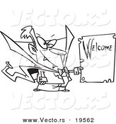 Vector of a Cartoon Vampire Holding a Welcome Sign - Outlined Coloring Page by Toonaday