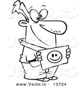 Vector of a Cartoon Waiting Man Holding a Smiley Face Welcome Sign - Coloring Page Outline by Toonaday