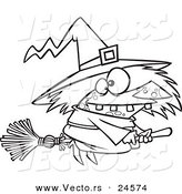 Vector of a Cartoon Warted Witch on Her Broomstick - Outlined Coloring Page by Toonaday