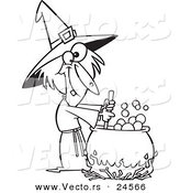 Vector of a Cartoon Warted Witch Stirring Her Potion - Outlined Coloring Page by Toonaday