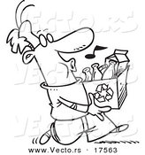 Vector of a Cartoon Whistling Man Carrying a Carton to a Recycle Center - Coloring Page Outline by Toonaday