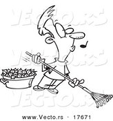 Vector of a Cartoon Whistling Man Raking Leaves - Coloring Page Outline by Toonaday